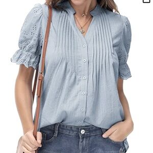 Eyelet V Neck Pleated Button Down Jean Blouse